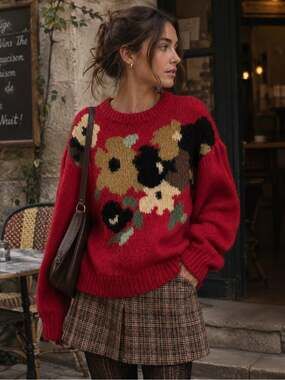 Vintage Barbara Floral Print Knit Sweater Red Cottagecore Fall Boho Chic